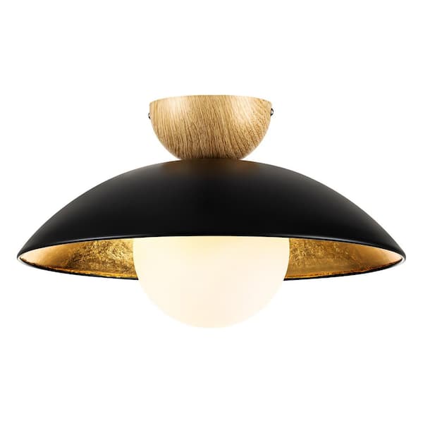Dylan 14.56 in. 1-Light Matte Black with Brushed Gold Semi-Flush Mount Light