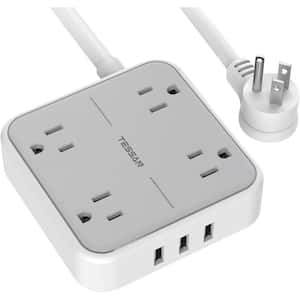 5 ft. Flat Plug Power Strip with 3 USB Ports, 4 AC Outlets Gray Extension Cord Wall Mount Outlet Extender