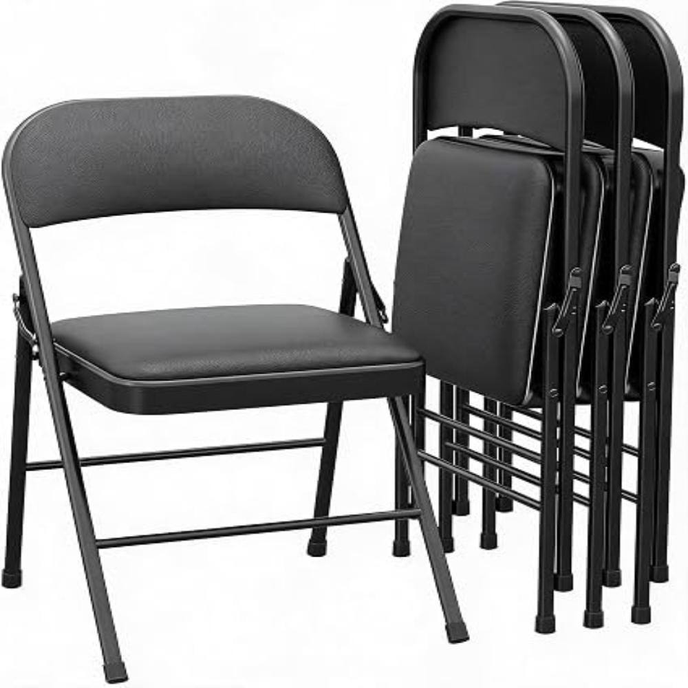 Black folding dining chair shown from the side, full view.