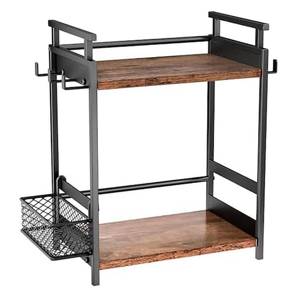 2 Tier Wooden Coffee Bar Organizer Kitchen Counter Storage Shelf with Hanging Basket Condiment Station Black