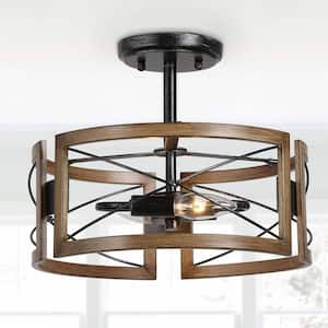 Gina Farmhouse 2-Light Semi-Flush Mount Ceiling Light with Faux Wood Accent Drum and Brushed Black Finish