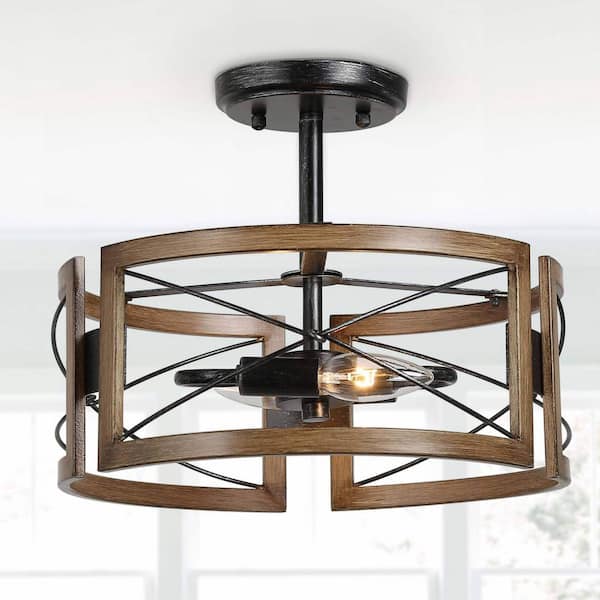 LNC Gina Farmhouse 2-Light Semi-Flush Mount Ceiling Light with Faux Wood Accent Drum and Brushed Black Finish