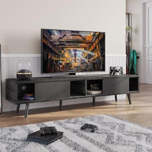 70 in. Mid-century TV Stand Fits TV up to 75 in with Sliding Door and Open Shelves Black