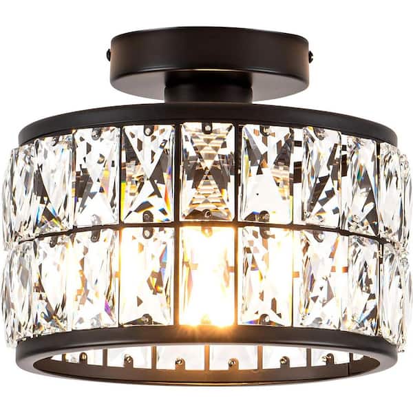 9.3 in. Black Standard Crystal Ceiling Light Fixture, Flush Mount Ceiling Light for Kitchen Bedroom Bathroom (No Bulbs)