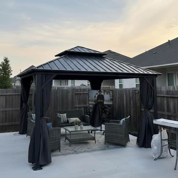 12 ft. x 12 ft. Gray Aluminum Hardtop Gazebo Canopy with Netting and Curtains
