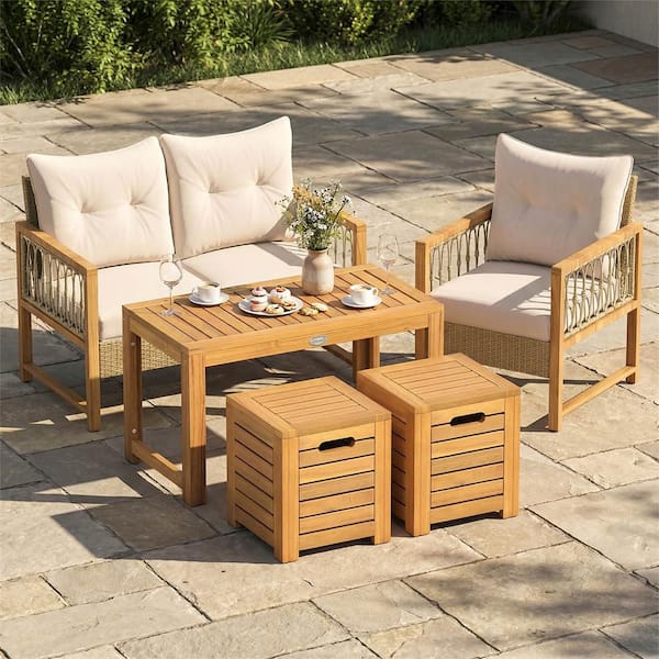 3 Pieces Patio Rectangular Table and Stools Set with Hidden Storage Space for Balcony