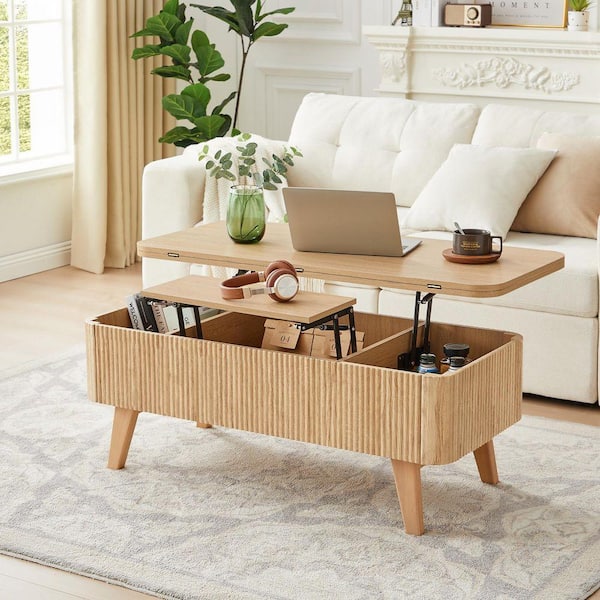 ATHMILE 42. 91in. L Natural Oval MDF Coffee Table With Built-in