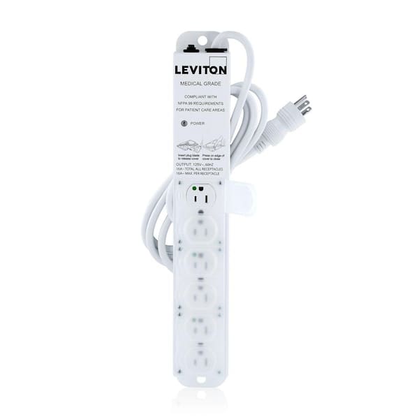 Leviton 15 Amp Medical Grade 6-Outlet Power Strip with Locking Covers and 7 Foot Cord with Right Angle, White 5306M-1N7