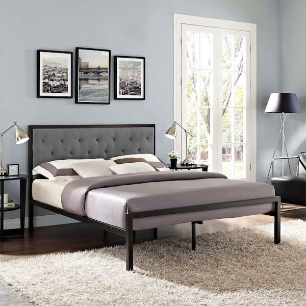 MODWAY Mia Brown Gray Metal Frame Queen Platform Bed with Upholstered Headboard