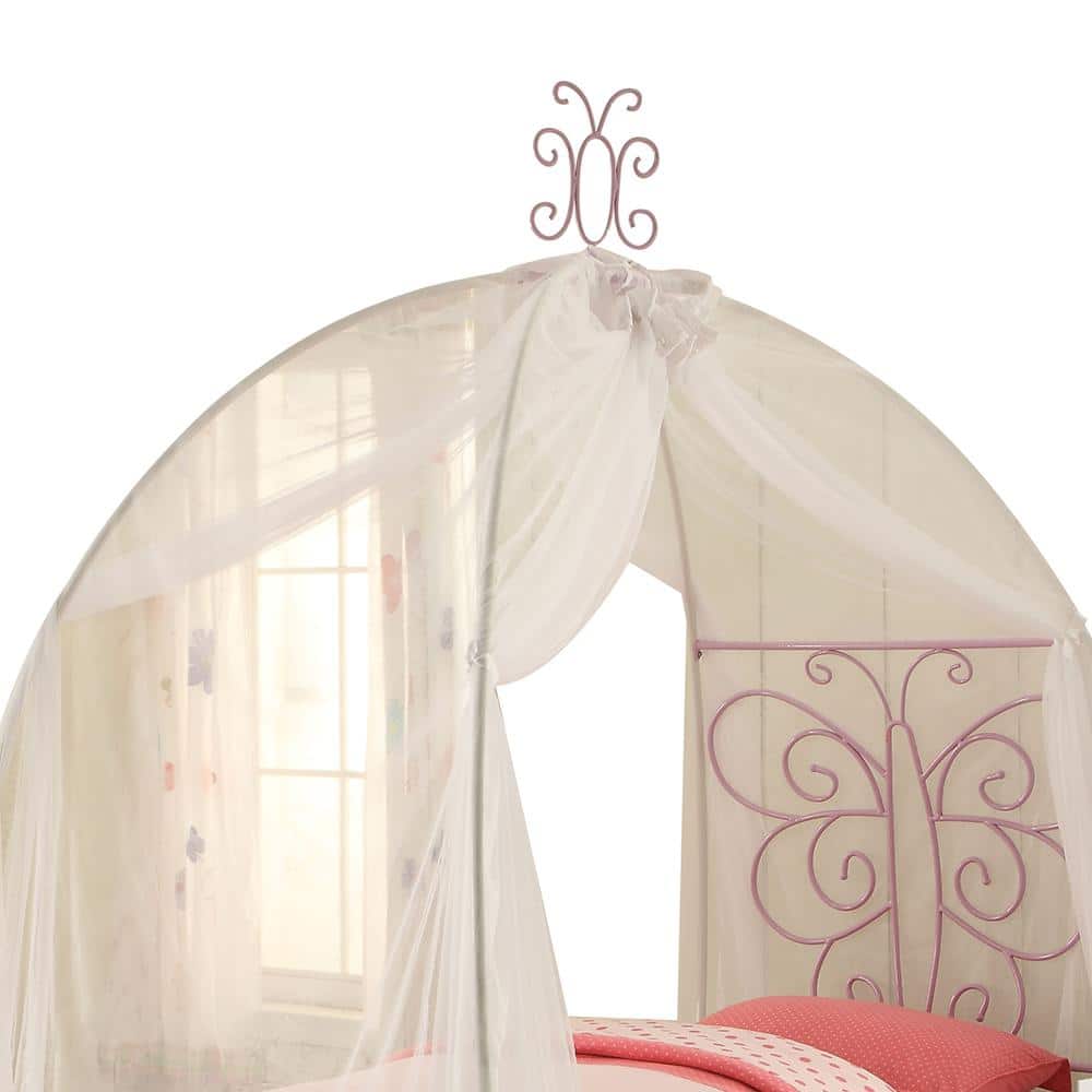 Priya II White and Light Purple Twin Canopy Bed with Butterfly Headboard