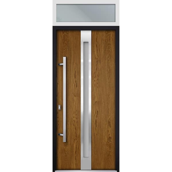 VDOMDOORS 36 in. x 96 in. Right-Hand/Inswing Transom Frosted Glass Natural Oak Steel Prehung Front Door with Hardware