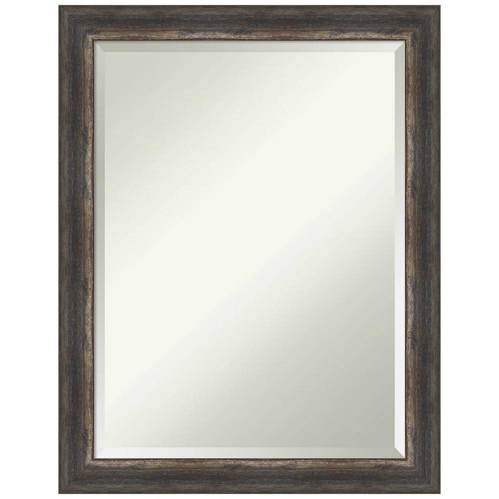 Amanti Art Beveled Bathroom Wall Mirror - Bark Rustic Char Frame Bark Rustic Char Narrow Outer Size: 21 x 27 in Silver, Brown, Black