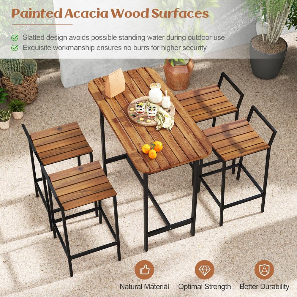 Natural and Black Acacia Wood 5-Piece Bar Height Table Set