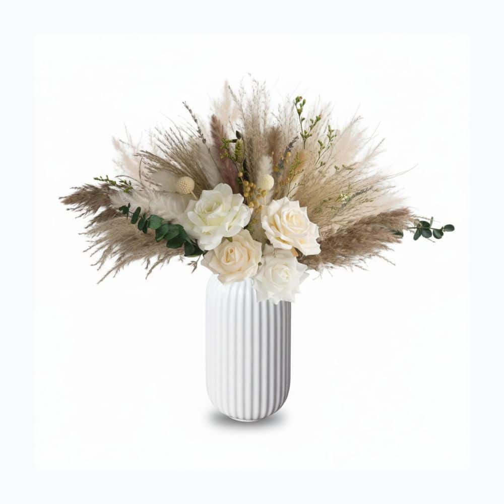 17 in. Brown White Artificial Plant Set Pampas Grass Rose