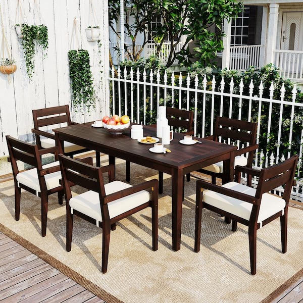 Dark Brown 7-Piece Wood Outdoor Dining Set with Beige Cushion
