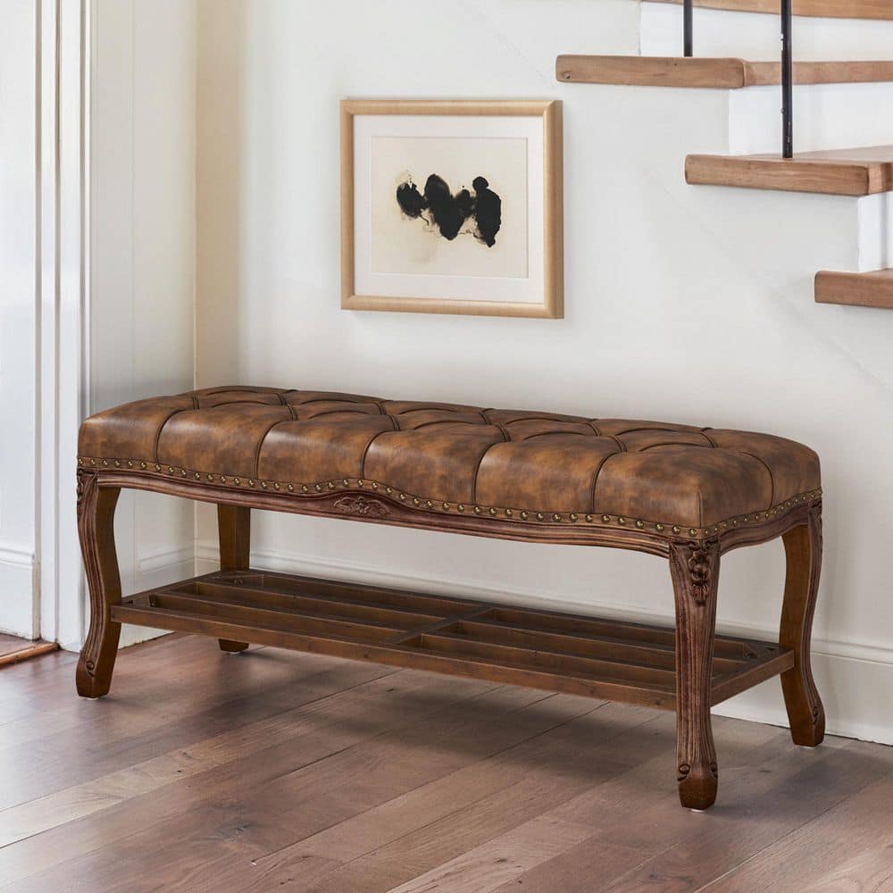 45.3 in. Julio Yellow Brown Faux Leather Entryway Bedroom Bench Backless with Shoe Storage and Button-Tufted Cushion