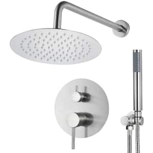 Round, wall-mounted adjustable rain shower faucet, handheld shower combo, in Brushed Stainless Steel.