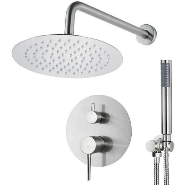 AKDY Round, wall-mounted adjustable rain shower faucet, handheld shower combo, in Brushed Stainless Steel.