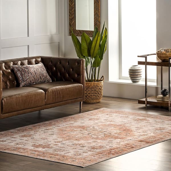 Dawson Machine Washable Peach 4 ft. x 6 ft. Distressed Medallion Area Rug