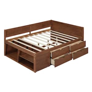 Walnut Full Size Wood Daybed with Drawers and Shelves