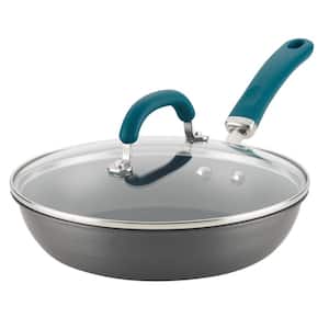 Create Delicious 10.25 in. Hard-Anodized Aluminum Nonstick Skillet in Teal and Gray with Glass Lid