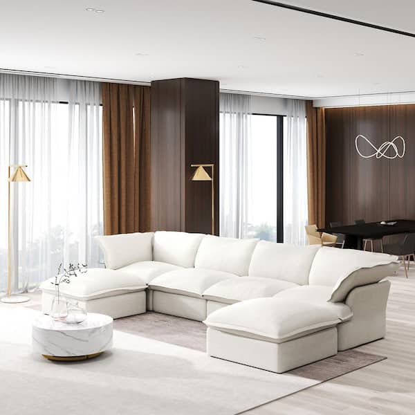 162.98 in. Flared Arm 6-Piece linen U Shaped Sectional Sofa in White with Storage Ottoman