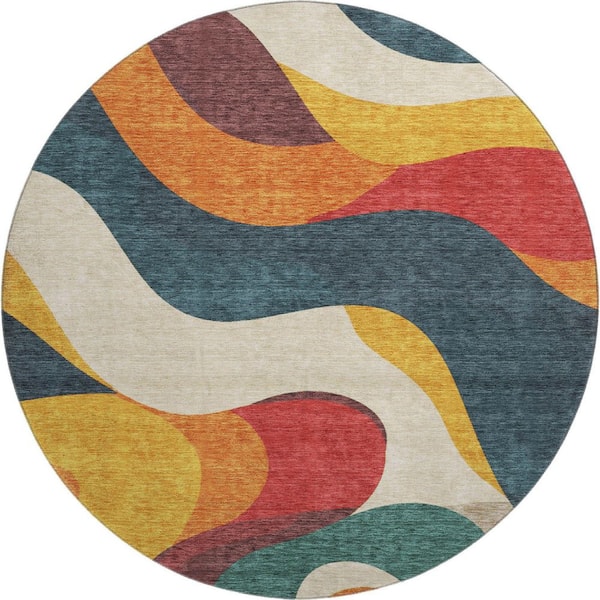 Mayfield Premium Machine Washable Abstract AMF2186 Orange 8 ft. x 8 ft. Round Rug
