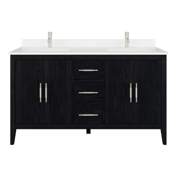 Vienna 60 in. W x 22 in. D Bath Vanity in Espresso Diamond Quartz Top with White Sink Power Bar and Drawer Organizer