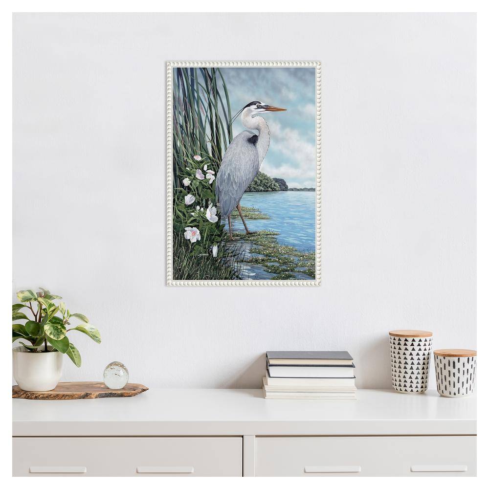 Great Blue Heron Coastal Scene Canvas Wall Art with White Frame