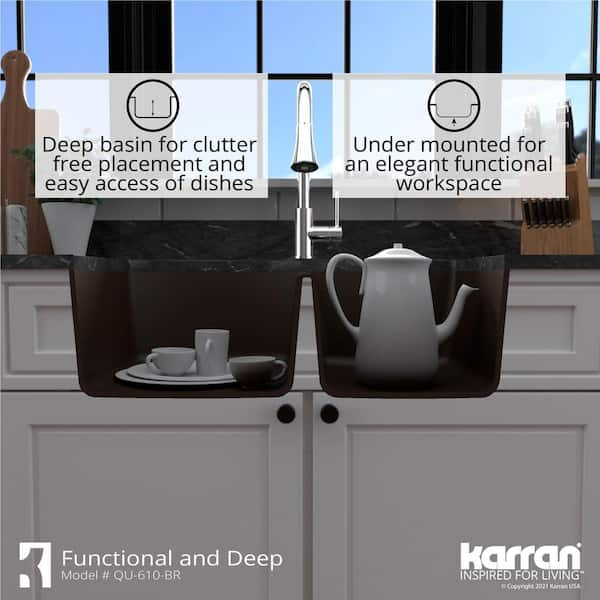 Karran 32 Undermount Quartz Composite Kitchen Sink, 60/40 Double Bowl, White, QU-610-WH-PK1