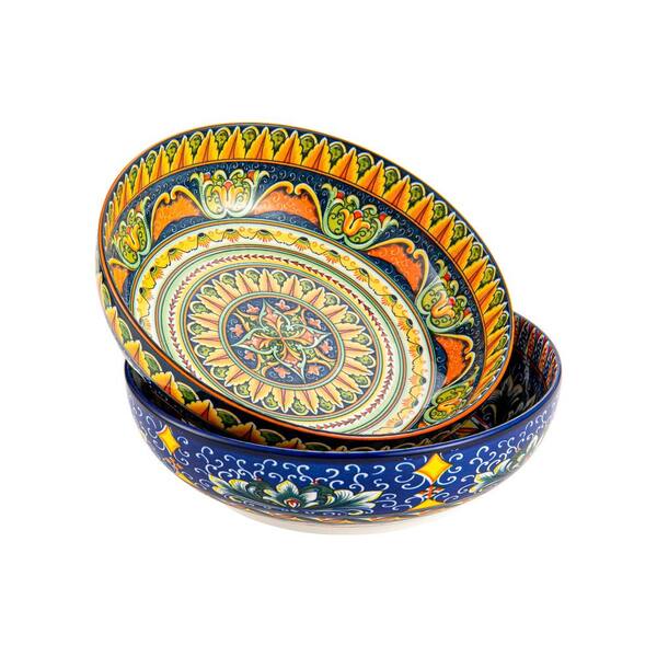 Porcelain Pasta and Soup Bowls Set of 2, 50 oz Large Ceramic Salad Bowls with Bohemian Hand-Painted Design