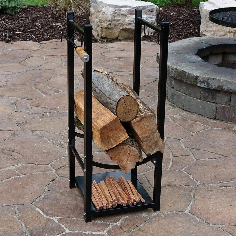 Sunnydaze Black Steel 32" Indoor/Outdoor Firewood Log Rack with Hooks