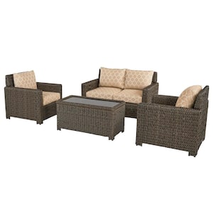 Laguna Point 4-Piece Brown Wicker Outdoor Patio Deep Seating Set with CushionGuard Toffee Trellis Tan Cushions