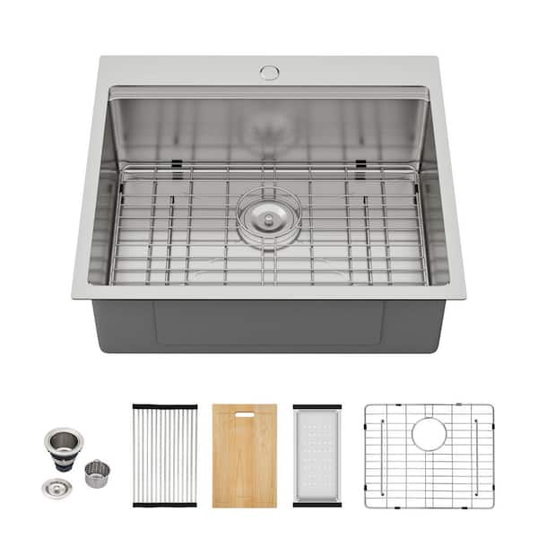 25 in. Drop In Single Bowl 16 Gauge Stainless Steel Right Angle Kitchen Sink with All Accessories