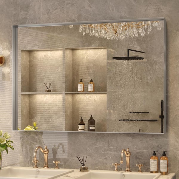 FAMYYT 40 in. W x 30 in. H Silver Rectangular Aluminum Framed Beveled Edge Horizontal and Vertical Wall Bathroom Vanity Mirror