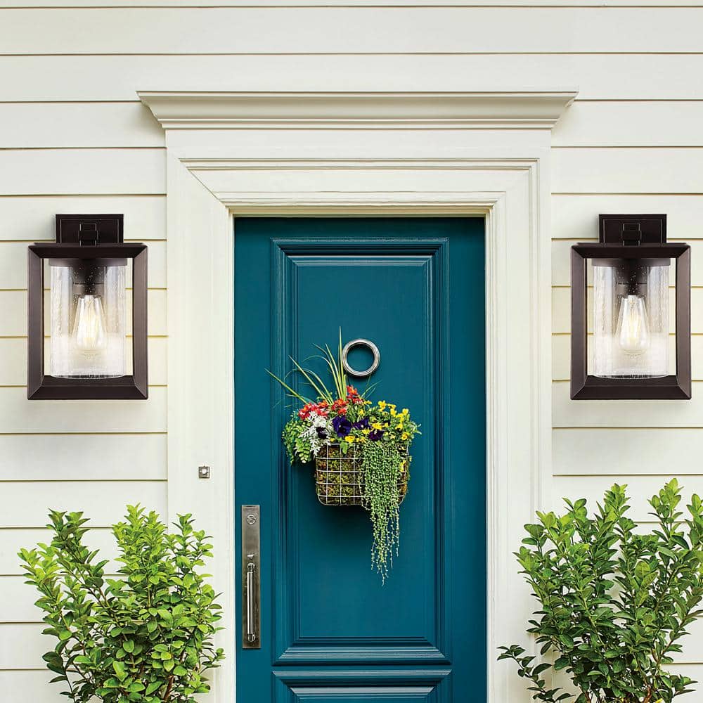 Black Iron and Pulegoso Glass Outdoor Sconce Light Set