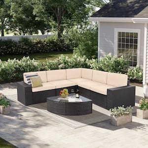 6-Piece Wicker Outdoor Sectional Set with Light Brown Cushions and Wedge Table