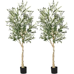 2- Pieces 6 ft. Green Indoor Outdoor Decorative Artificial Olive Tree in Pot, Faux Fake Tree Plant