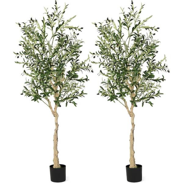 ANGELES HOME 2- Pieces 6 ft. Green Indoor Outdoor Decorative Artificial Olive Tree in Pot, Faux Fake Tree Plant