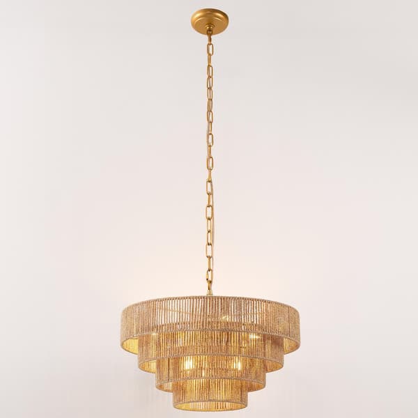 6-Light Boho Farmhouse Rattan Pendant Light, Large Brown Hand-Woven Chandelier with 4-Tier Shade for Living Room