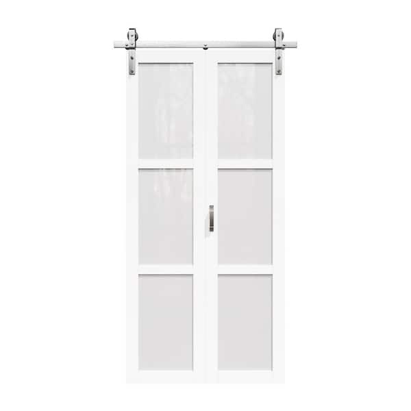 ARK DESIGN 40 in. x 84 in. 3 Lite Tempered Frosted Glass Solid Core White Finished Composite Bi-fold Door Hardware Nickel
