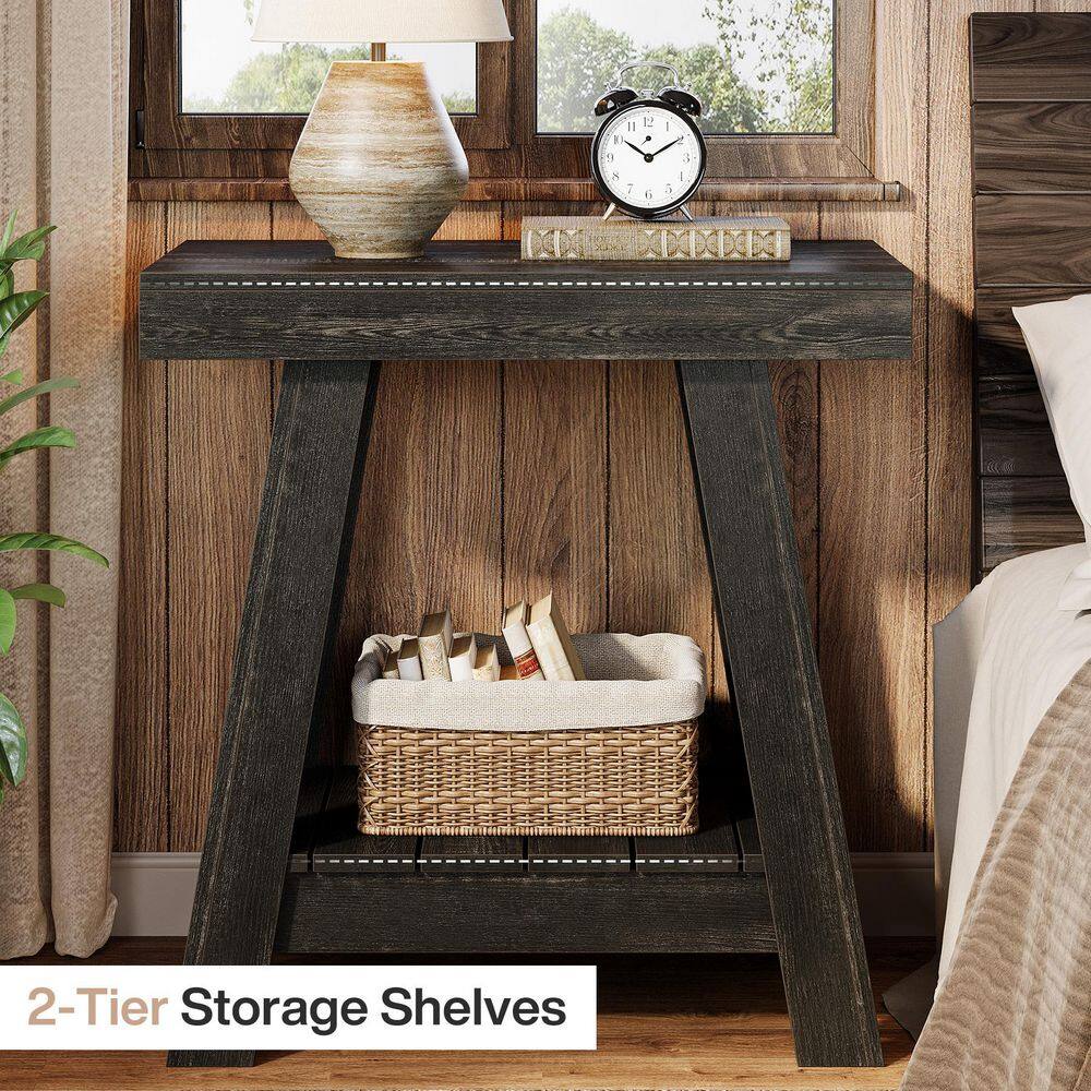 Kerlin 23.6 in. Black Rectangle Wood End Table with 2-Tier Shelf, Small Sofa Side Table with Storage - thumbnail 7