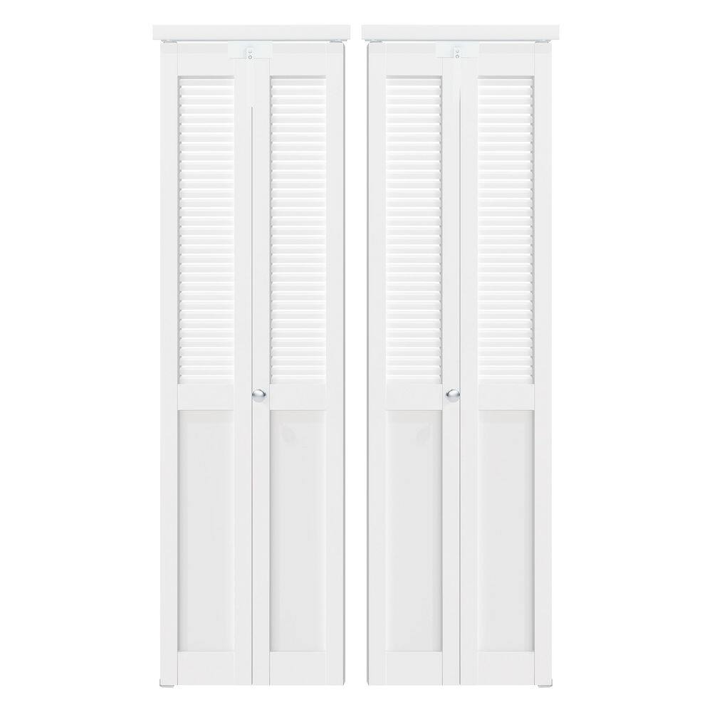 56 in. x 80 in. Half-Panel Louver Solid Core White PVC Covering MDF. Wood Bi-fold Door with Lock, Handle& Hardware Kit price history on PriceWatchPro