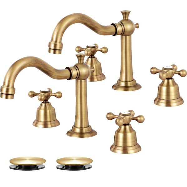 Double handle 8 in. Widespread Bathroom Faucet 3-Hole Bathroom Sink Faucet with Pop-Up Drain in Antique Brass (2-Pack)