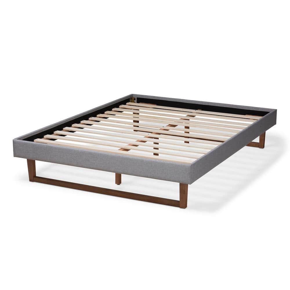 Liliya Queen-Size Walnut Wood & Light Grey Tufted Upholstered Bed Frame