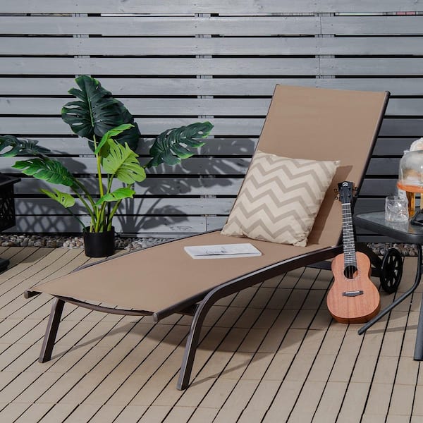 Metal Outdoor Chaise Lounge Patio Adjustable 6-Position Recliner with Wheels Brown