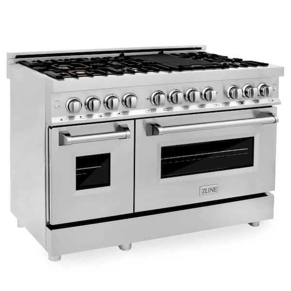 ZLINE Kitchen and Bath 48 in. 7 Burner Double Oven Dual Fuel Range with Brass Burners in Stainless Steel