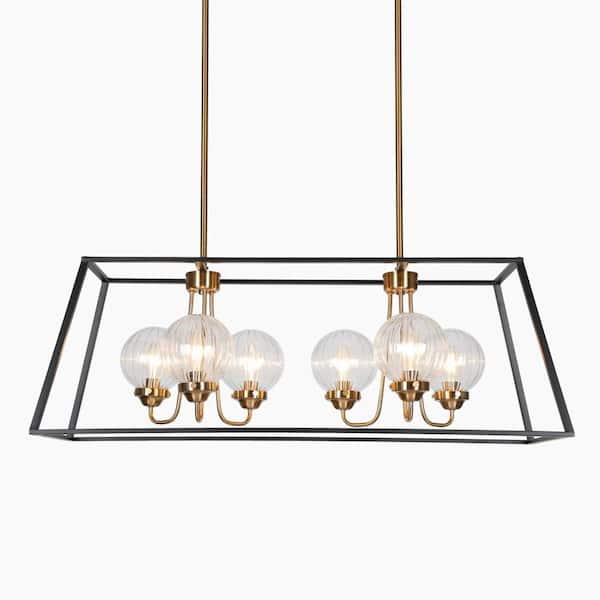 Modern 33 in. 6-Lights Brass Chandelier Lighting, Black Rectangle Pendant Lights for Kitchen Island with Round Glasses