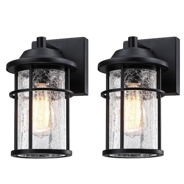 10.81 in. 2 Pack Black Outdoor Hardwired Wall Lantern Scone with Glass Shade No Bulbs Included