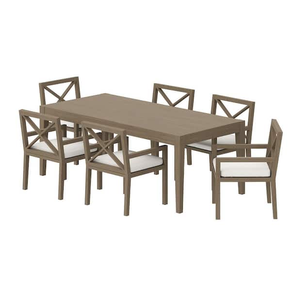 Northlake Weathered Gray 7-Piece Teak Wood Rectangular 33.5 in. Outdoor Dining Set with White Cushions